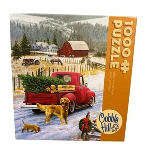 Cobble Hill 1000 Piece Puzzle Red Truck Christmas Farm Scene Winter Dogs Holiday